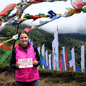Fund for Teachers Fellow Carly Levine with prayer flags in Bhutan on her Fund for Teachers fellowship